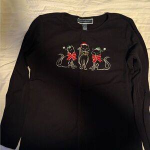 Karen Scott Black Long-Sleeve Top with Holiday Cat Trio Graphic